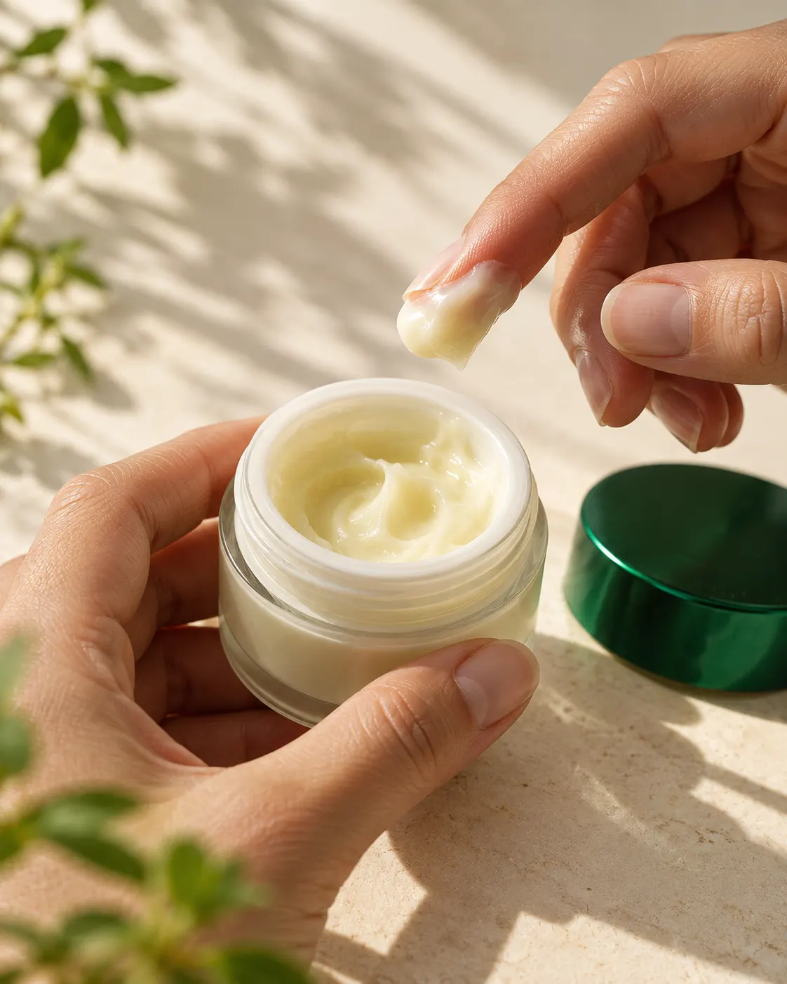 Manos tomando una pequeña cantidad de crema de un frasco abierto con tapa verde